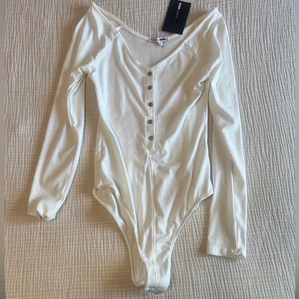 White Long Sleeve Bodysuit with Buttons Fashion Nova